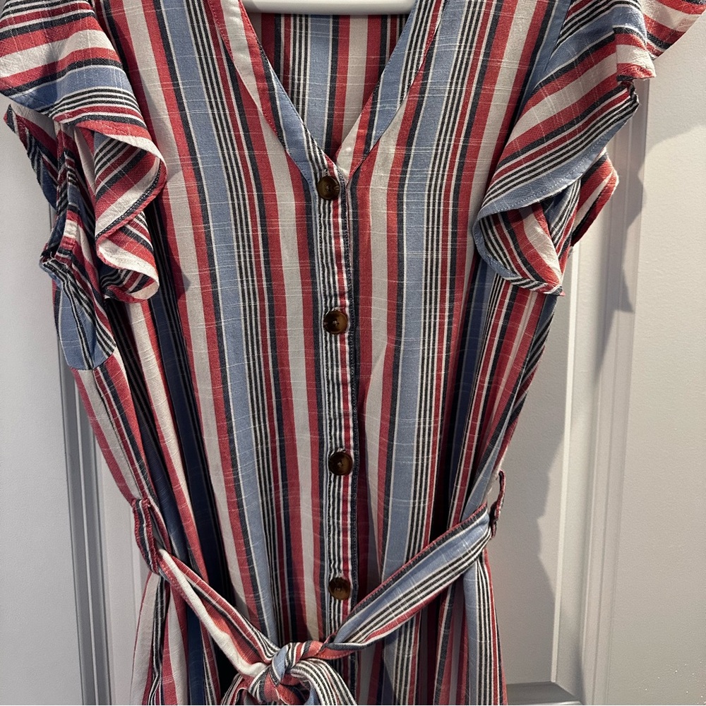 “ELLE Striped Ruffle Sleeve Button-Front Dress with Waist Tie – Size S